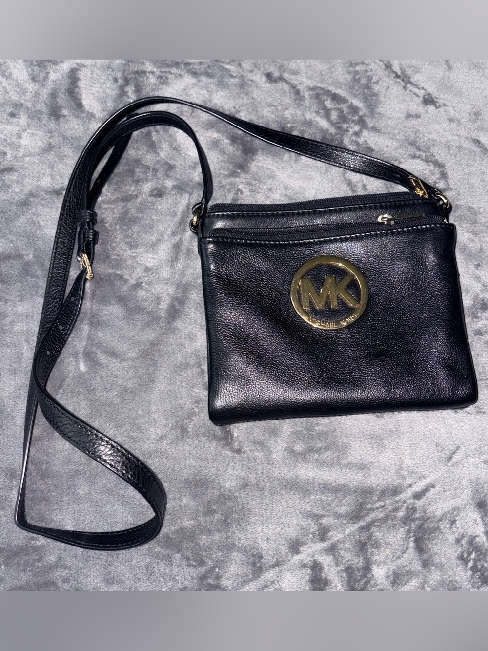 Michael Kors Black Leather Crossbody with Gold Logo Accent